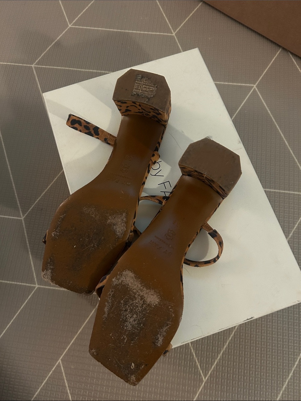 BY FAR Leopard-Pattern Block Heel Sandals in Brown & Black - Picture 3 of 3